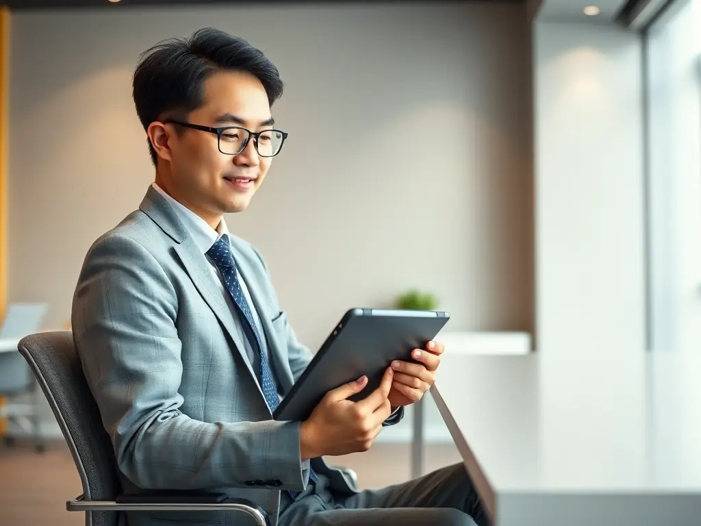 A Taiwanese professional using a mobile app to practice English vocabulary and grammar, with a focus on business-related terms and phrases.
