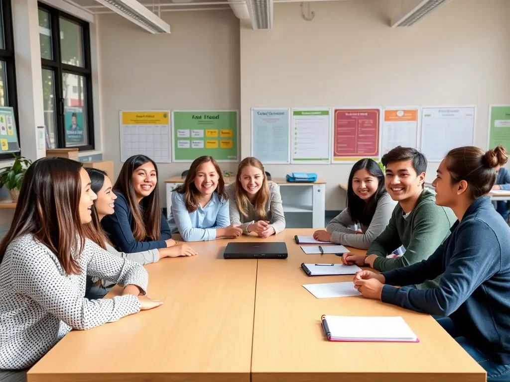 A small group of Taiwanese college students actively participating in an interactive English lesson, discussing a business case study and practicing their presentation skills.