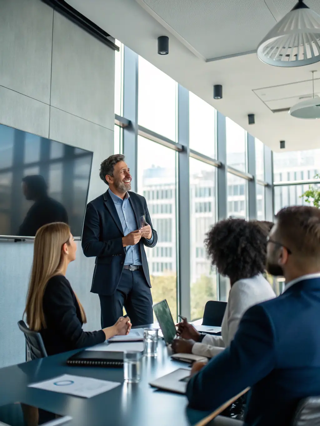 A business professional confidently presenting in English during a meeting, with colleagues actively engaged.